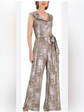 Connected Apparel Shimmering Metallic Taupe Cowl-Neck Jumpsuit with Tie Belt